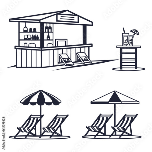Beach bar and lounge chairs with umbrellas and drinks