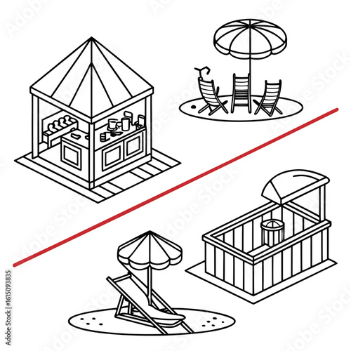 Isometric line art of beachside amenities and food stalls
