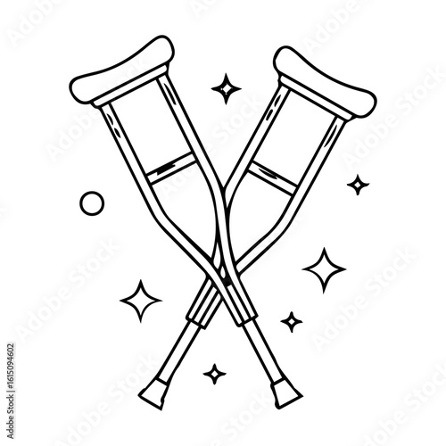 Crutches vector illustration with clean line art and sparkles, representing injury recovery and mobility aid