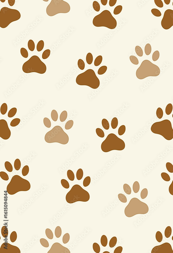 Fototapeta premium Achieve a clean, minimalist look with this seamless paw print pattern, featuring brown animal tracks on an off-white background, perfect for modern pet-themed decor. 