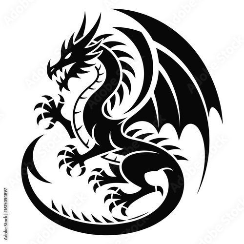 Wallpaper Mural Tribal Dragon Silhouette Vector – Mythical Winged Creature Illustration in Black and White Torontodigital.ca