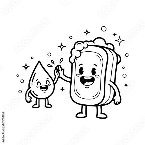 Happy Soap and Water Drop Characters Vector Illustration Giving High Five