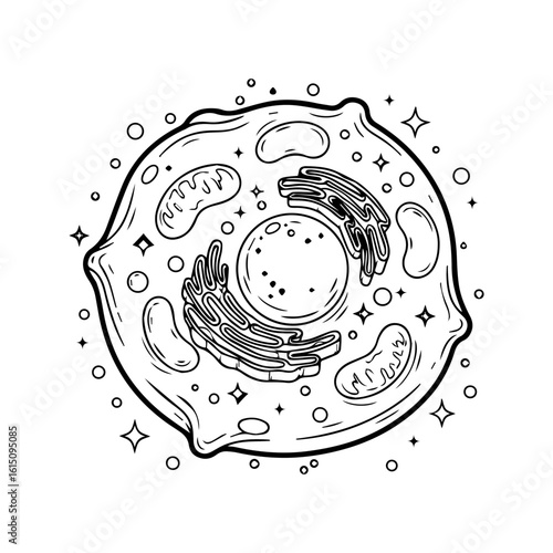 Animal Cell Structure Vector Illustration with Organelles in Line Art
