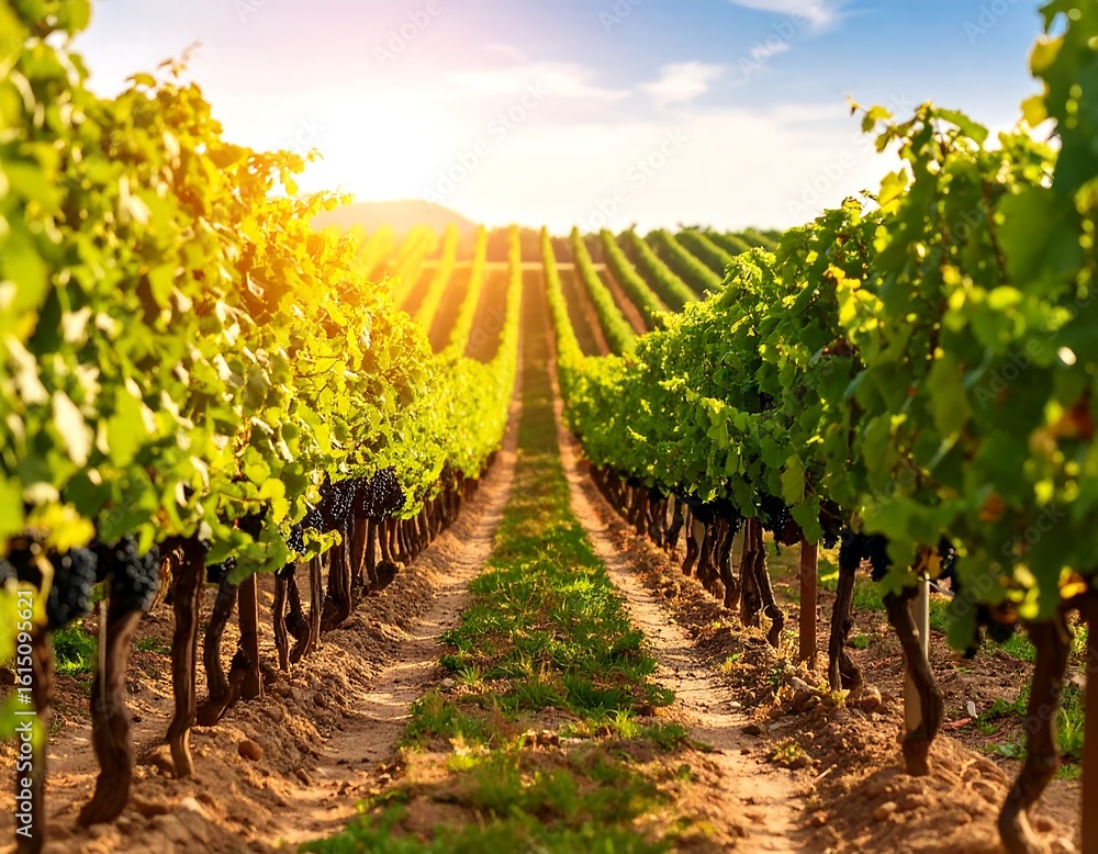 Obraz premium Sunlit vineyard rows stretch to horizon