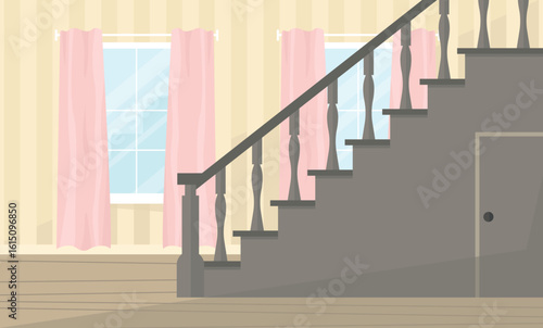 Interior with stairs, door and windows. First floor of the house. Empty interior.