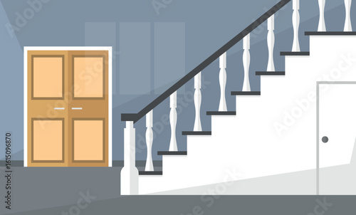 Interior of a corridor in a house with stairs and doors. Empty interior. Real estate for rent.