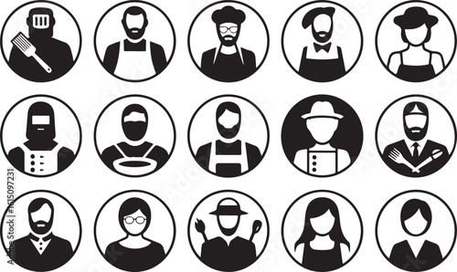 Diverse professions depicted in circular icons people black