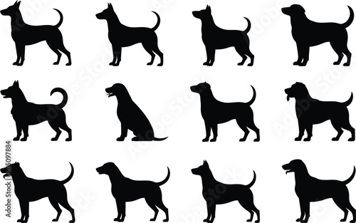Twelve Dog Silhouettes in Various Poses canine animal