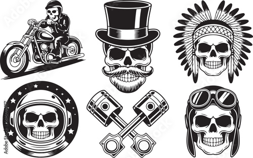 Skulls with various headwear and accessories motorcycle mustache