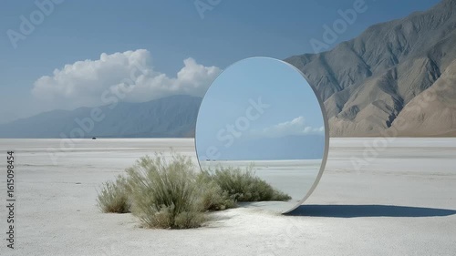 Reflective circular mirror displaying inverted sky over desert ground