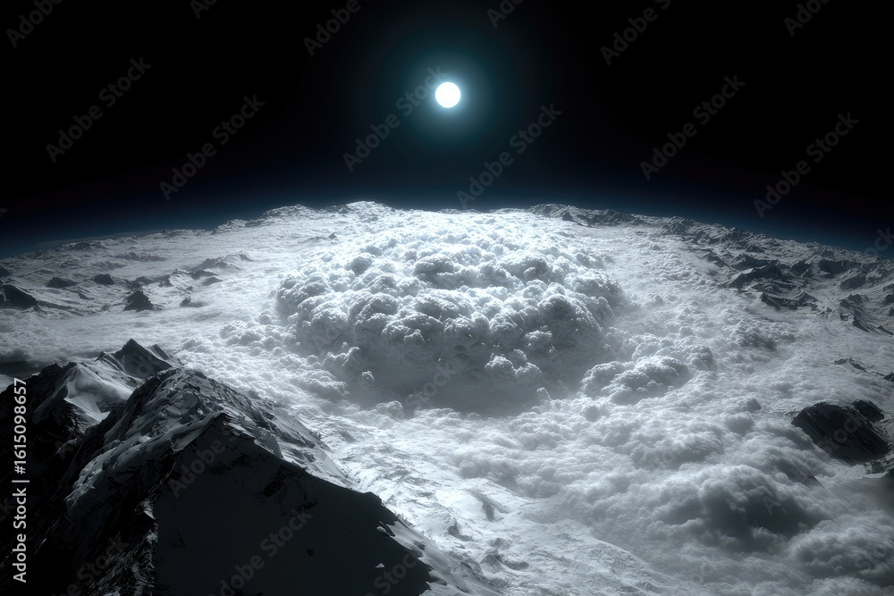 Fototapeta premium Vast, white clouds swirl above snowy peaks, a sun shines bright beyond