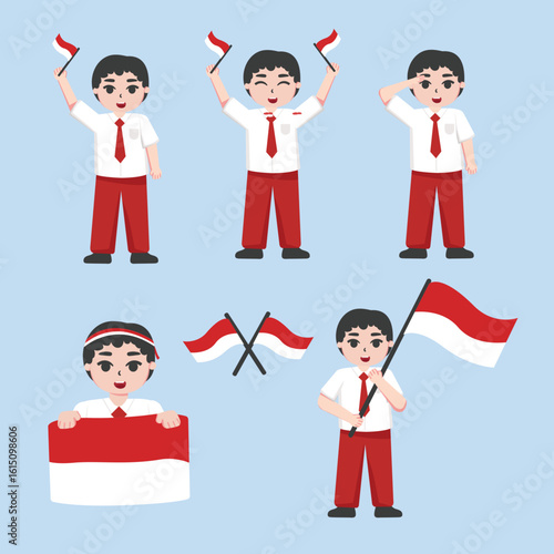 Cute Indonesian Kids Celebrating Independence Day Vector Bundle