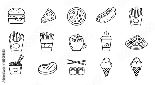 Vector silhouette illustration a collection of nine black and white illustrations of popular fast food and snacks