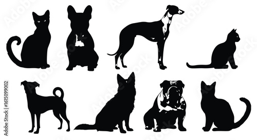 Vector silhouette illustration a collection of diverse dog silhouettes in black and white, showcasing various breeds and poses