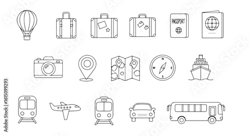 Vector silhouette illustration a collection of travelrelated icons including suitcases, a map, a compass, and transportation