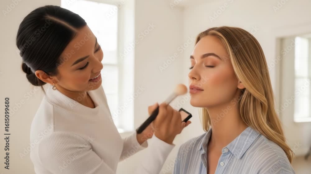 Makeup Artist Applying Blush to a Young Woman in a Bright Studio Makeup Artist Applying Blush to a Young Woman in a Bright Studio