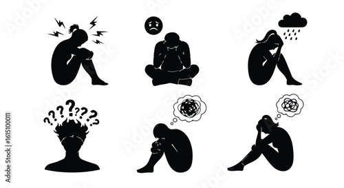 Vector silhouette illustration silhouettes of people in distress, expressing sadness and mental anguish with symbolic icons