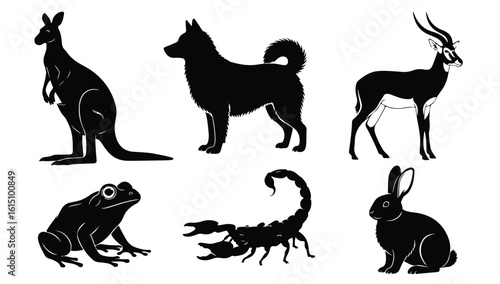 Vector silhouette illustration a collection of animal silhouettes including a dog and a scorpion