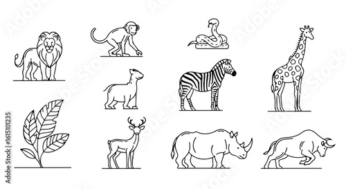 Vector silhouette illustration a group of animal silhouettes featuring a monkey, sphinx, deer, zebra, and rhinoceros