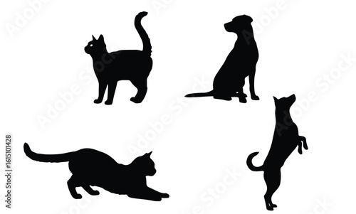 Vector silhouette illustration silhouettes of cats and a dog in various poses, isolated on a white background