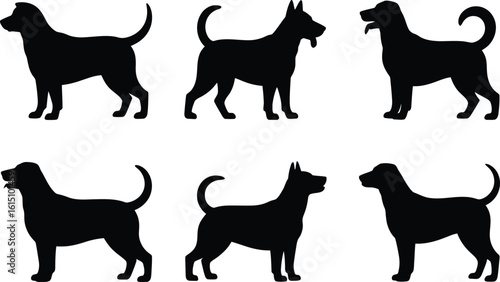 Six black dog silhouettes in profile animal canine