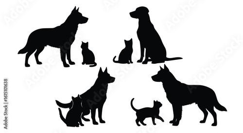 Vector silhouette illustration multiple dog and cat silhouettes interacting, isolated on a clean white background