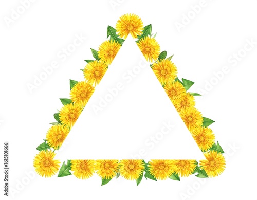 Triangle frame of yellow dandelions and green leaves