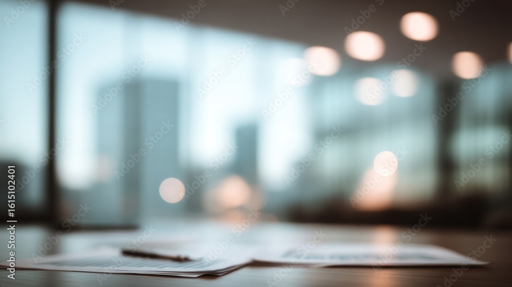 Obraz premium Blurred Background of Office Interior with Cityscape View, Ideal for Business and Corporate Presentations or Marketing Material