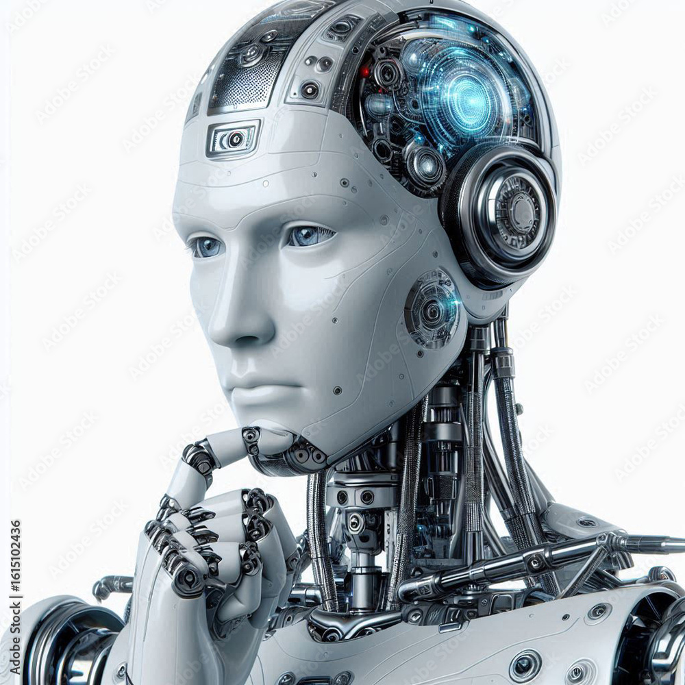 Fototapeta premium Humanoid robot with artificial intelligence in contemplation, thinking, side view, isolated on white background