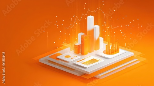 3D bar chart, financial data, market trends, orange background