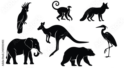 Vector silhouette illustration a collection of diverse animal silhouettes including a kangaroo, monkey, bear, and elephant
