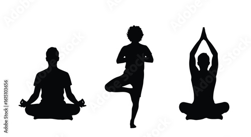 Vector silhouette illustration silhouettes of people practicing yoga poses, emphasizing balance and tranquility
