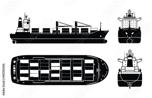 Detailed Vector Illustration: Container Ship blueprint with various side, top & frontal views