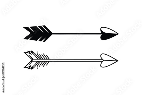 Two stylized tribal arrow silhouettes with detailed fletching and pointed arrowheads isolated on white background