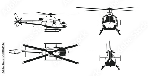 Helicopter detailed blueprint technical drawing, with side, front, top views - vehicle illustration