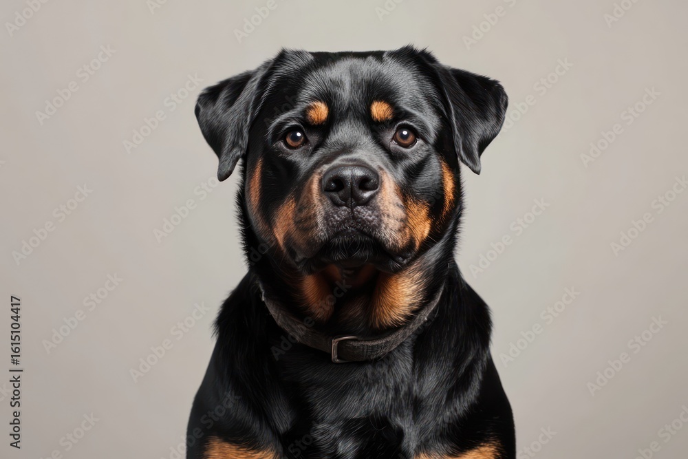 Fototapeta premium Strong rottweiler sitting obediently with alert gaze