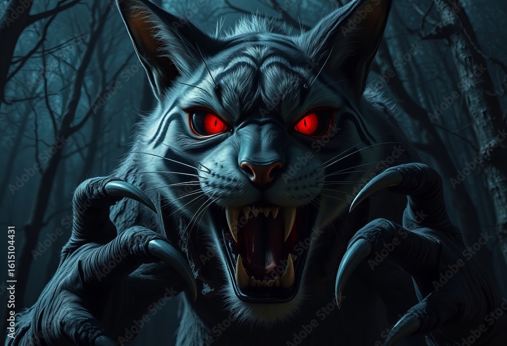 Naklejka premium A giant cat monster with large claws and torn clothes