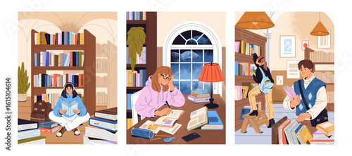 People are learning in library set. Students are reading textbooks, takes books from shelves, do homework at the desk. Happy girls and boys among bookshelves of bookstore. Flat vector illustrations