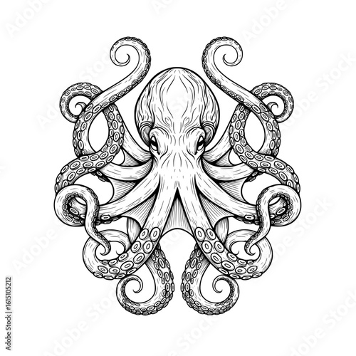 A striking black silhouette of a playful octopus with curly tentacles and wide eyes isolated on a transparent background showcasing its unique marine life form isolated on transparent background