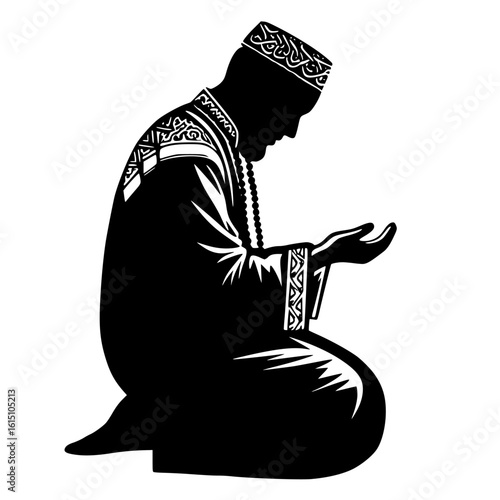 A man in traditional islamic attire wearing a kufi cap kneeling and praying with hands outstretched in a devotional gesture silhouette isolated on transparent background