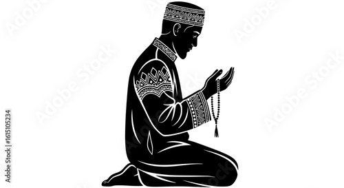 A man in traditional islamic attire wearing a kufi cap kneeling and praying with hands outstretched in a devotional gesture silhouette isolated on transparent background
