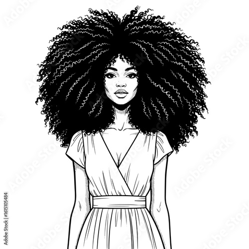 Striking black and white illustration of a woman with voluminous afro hair wearing a simple dress presented as a silhouette isolated on transparent background