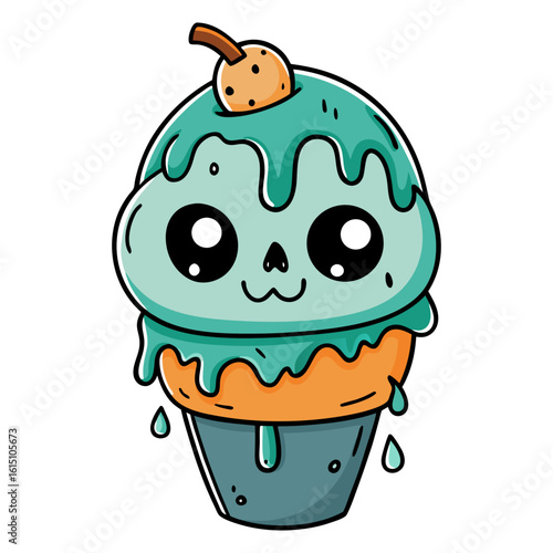 A cartoon illustration of a skull shaped ice cream cone with a blue tongue sticking out and melting
