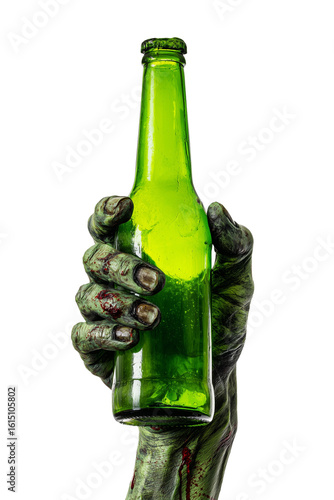 Zombie hand holding green glass beer bottle isolated on transparent background