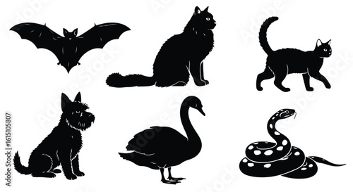 Vector silhouette illustration a variety of animal silhouettes featuring a cat, swan, and bat