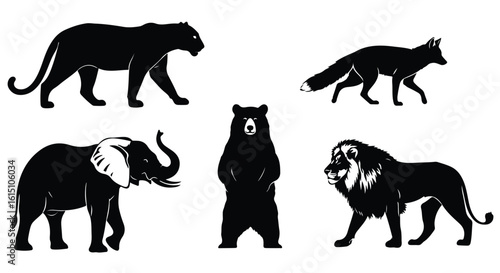 Vector silhouette illustration a striking collection of powerful animal silhouettes including a panther, bear, and lion