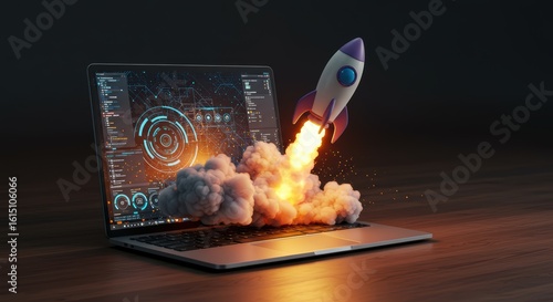 Innovative Digital Transformation Concept of a Rocket Launching from Laptop Screen Symbolizing Rapid Technological Growth and Business Advancement