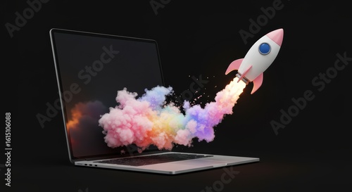 Digital Transformation Launch Rocket Symbolizing Innovation and Business Growth Out of a Laptop Screen