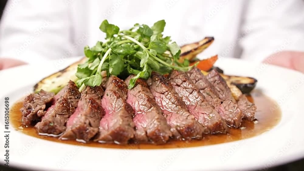 A plate holds sliced steak garnished with watercress and grilled vegetables held by someone in a white shirt A plate holds sliced steak garnished with watercress and grilled vegetables held by someone in a white shirt