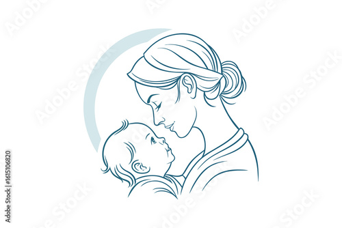 Gentle line art silhouette of a mother holding her baby tenderly isolated on white background